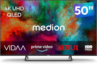 125.7 Cm 50" Téléviseur QLED Ultra HD Smart TV Dolby Vision HDR Dolby Atmos Vida Store Prime Video Disney+ DAZN Hbbtv PVR Bluetooth HD+, MD850602