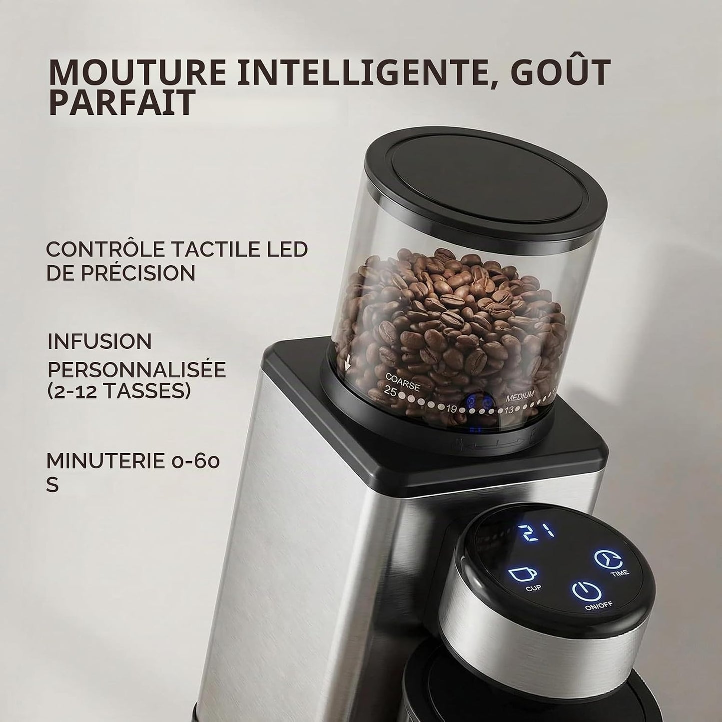 Moulin À Café Électrique Avec Broyeur Conique, 25 Degrés De Broyage, Pour Expresso, Filtre Et Moka, Moulin À Café Silencieux Avec 2 À 12 Tasses, Broyeur En Acier Inoxydable, Affichage LED