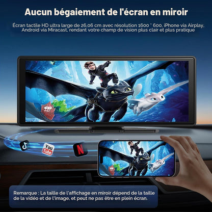 10.26" Écran Carplay Sans Fil Pour Apple Carplay & Android Auto, Écran Tactile HD Portable Car Play Voiture Avec 4K Dashcam / Caméra De Recul 1080P Avec Mirror Link, BT, Assistant Vocal, GPS, FM