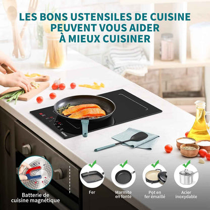 Plaque Induction 2 Feux Encastrable,  Table De Cuisson Electrique 3400W, 2 Boosters, Minuterie, Zones Flexibles, Arrêt Auto, Verrou Enfants, Noir