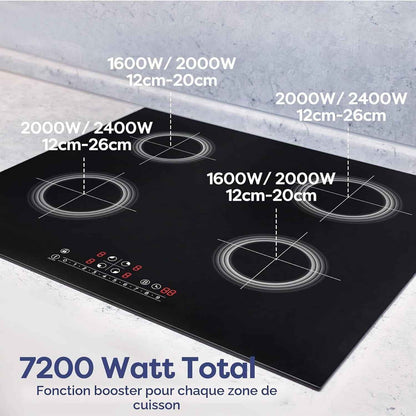 Plaque De Cuisson Induction 4 Foyers 7200W Fonction Boost | Puissance Limitée, Contrôle Slider, Fonction Pause, Minuteur, Sécurité Enfant