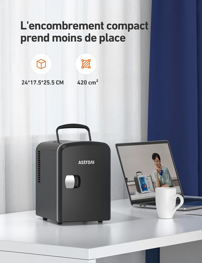 Mini Frigo De Chambre, Mini Réfrigérateur Voiture Portatif 4L 12V/220V, Glacière Électrique Chaud/Froid 0-66°C, Cadeau Femme Homme Garantie 3 Ans (Black)