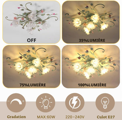 Led Plafonniers De Villa De Campagne,Lustre Avec Abat-Jour En Verre Et Conception De Fleurs Fleurs,Vintage Suspension Luminaire, Pour Chambre À Coucher Salon Chambre À Coucher Restaurant Couloir