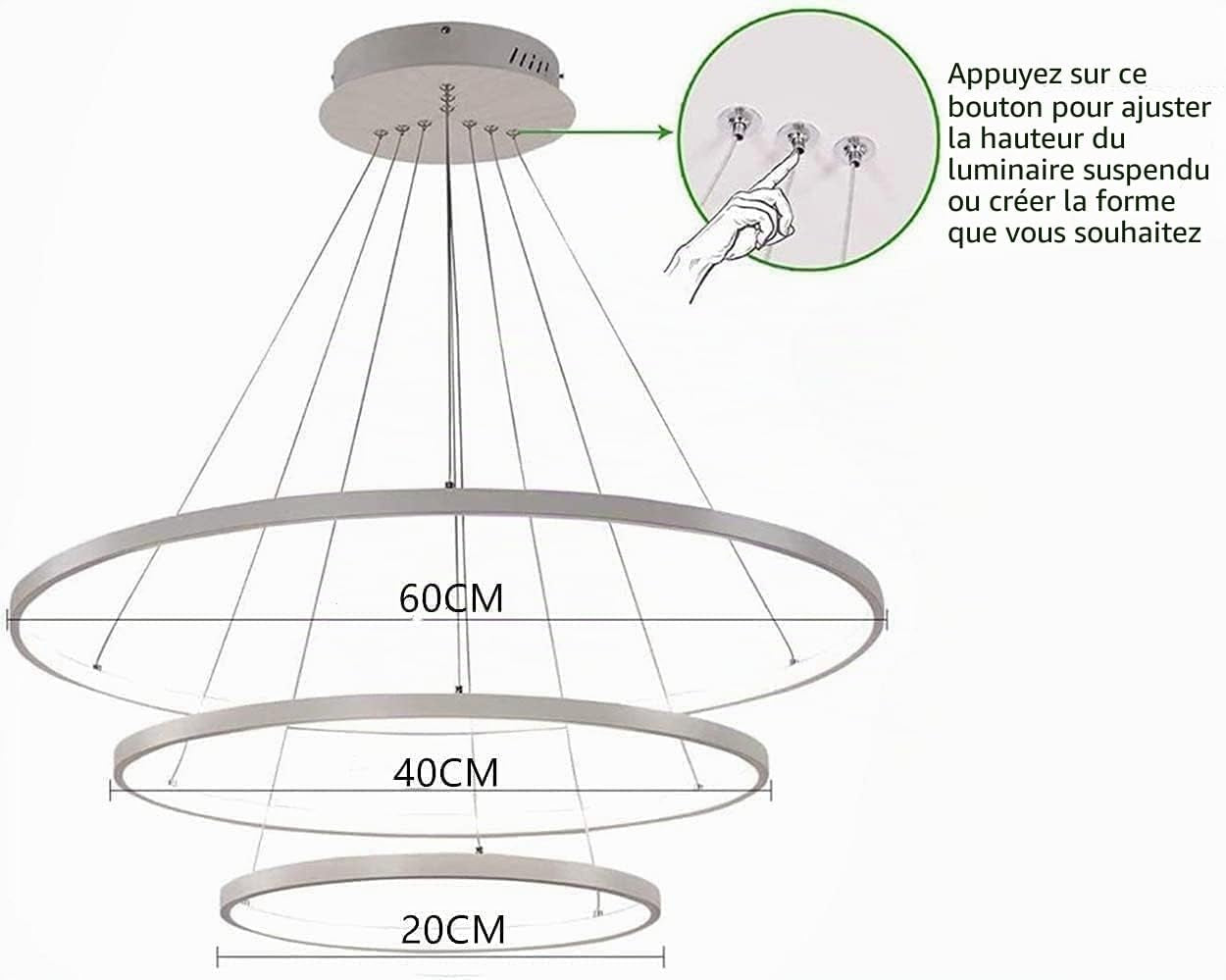 LED Lustre Salon Plafonnier Créatif Rond 3 Cercle Lustre, Dimmable Avec Télécommande 3000K-6500K, Acrylique Chambre Cuisine Bureau Décoration Lampes 76W (Noir)