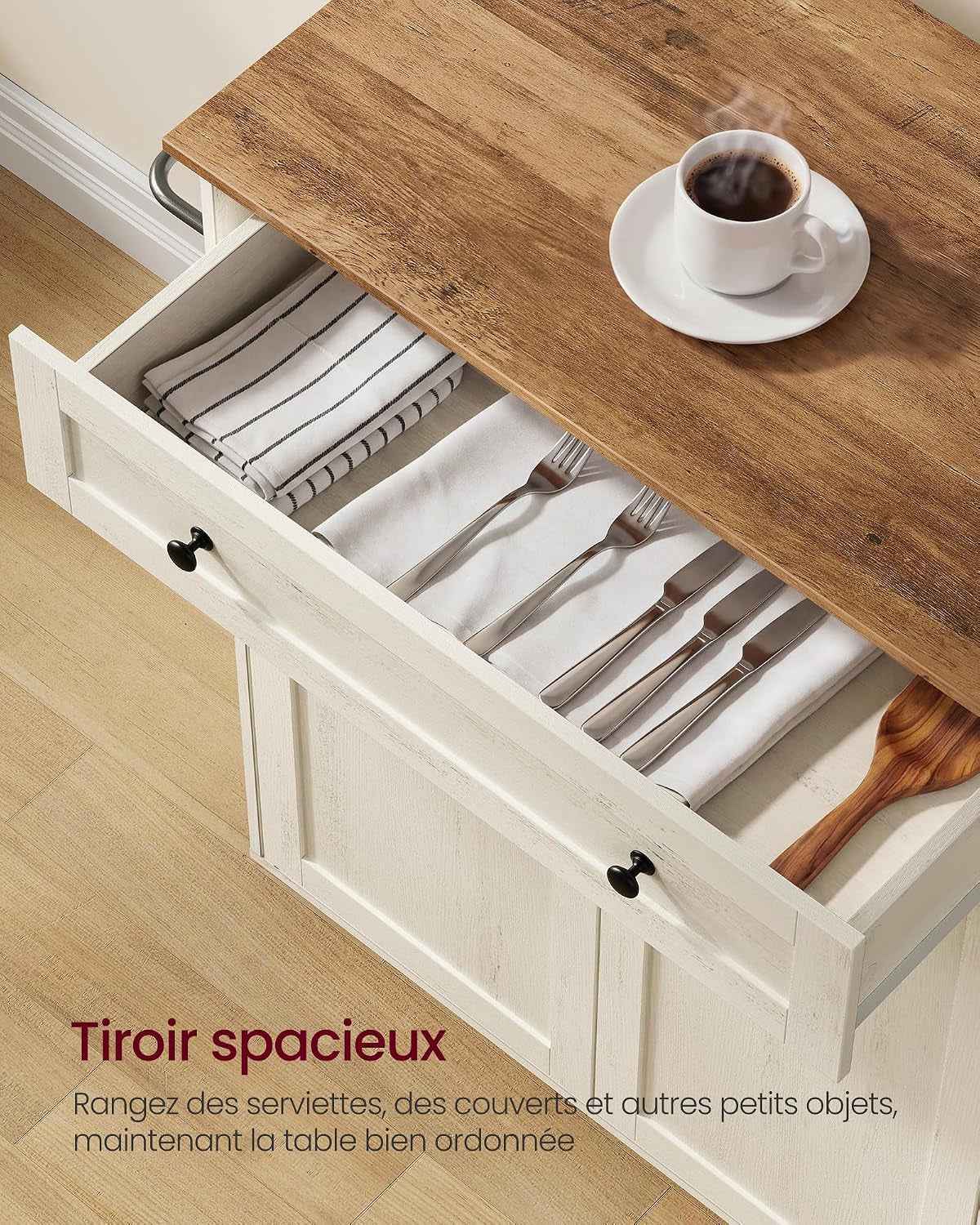 Siren Collection - Desserte Cuisine, Chariot À Roulettes, Tiroir, Placard, Îlot De Cuisine, Étagère Réglable, 40 X 78,5 X 89,2 Cm, Blanc Rustique Et Marron Miel KKI009WJ01