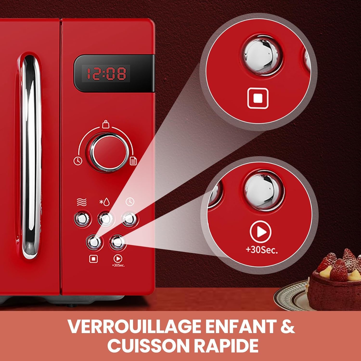 ' Micro-Ondes Rétro CMSRO 20Di Rd Avec 8 Renus Rutomatiques, 5 Niveaux De Puissance De Cuisson, Bouton De Cuisson Express, 20 L, 800 W, Rouge Passion