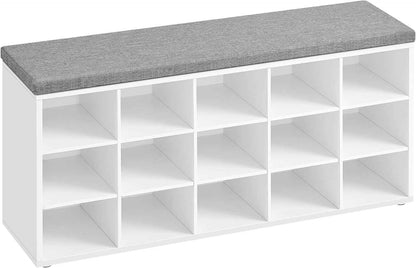 CUSTOS Collection - Banc À Chaussures, Organiseur De Chaussures Avec 15 Compartiments, Siège Rembourré, Pour Entrée, Couloir, Placard, Blanc Nuage Et Gris Tourterelle LHS015WB02