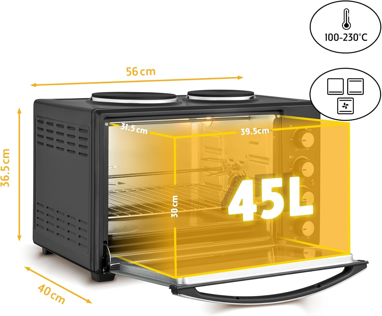TZS First Austria Mini Four Electrique 45L, Four À Convection 2000W, Réglage De La Température 100-230°, Grille Et Plaque De Four, Double Vitrage, Rôtissoire, Four Electrique Chaleur Tournante, Noir