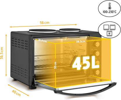 TZS First Austria Mini Four Electrique 45L, Four À Convection 2000W, Réglage De La Température 100-230°, Grille Et Plaque De Four, Double Vitrage, Rôtissoire, Four Electrique Chaleur Tournante, Noir