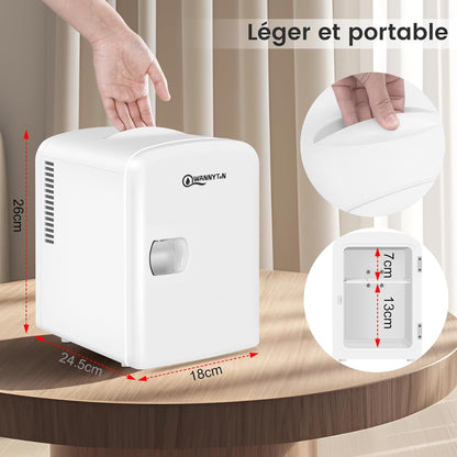 Mini Frigo Portable 4L, Mini Réfrigérateur Cosmétique, Mini Glacière Électrique, Fonction Froid/Chaud, Avec Câble AC 220V/ DC 12V Pour Voiture, Bureau, Chambre (Blanc)