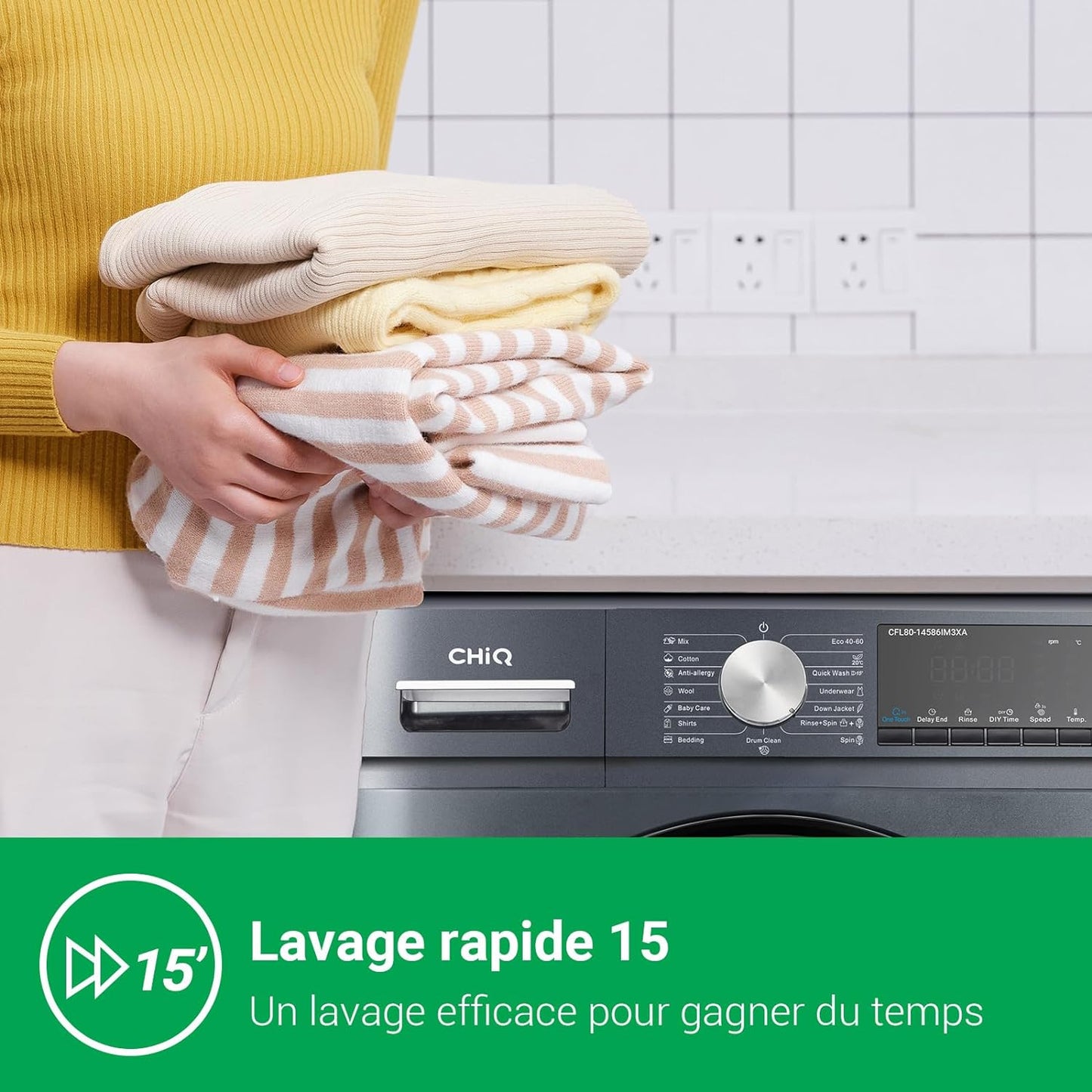 Lave-Linge CFL80-14586IM3XA, Chargement Frontal 8 Kg,Space Pro,Moteur Inverter Stable, 1400 Tr/Min, Programme Intelligent À IA, Fonction Vapeur, Lavage Rapide 15 Minutes, 15 Cycles Lavage, Gris