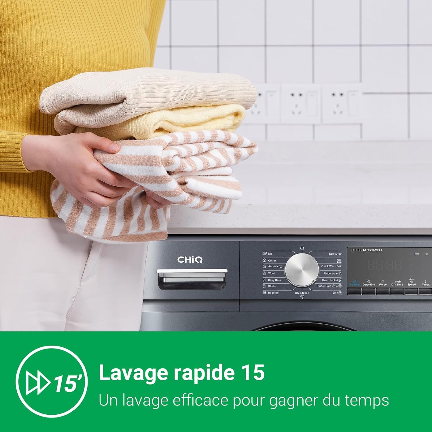 Lave-Linge CFL80-14586IM3XA, Chargement Frontal 8 Kg,Space Pro,Moteur Inverter Stable, 1400 Tr/Min, Programme Intelligent À IA, Fonction Vapeur, Lavage Rapide 15 Minutes, 15 Cycles Lavage, Gris