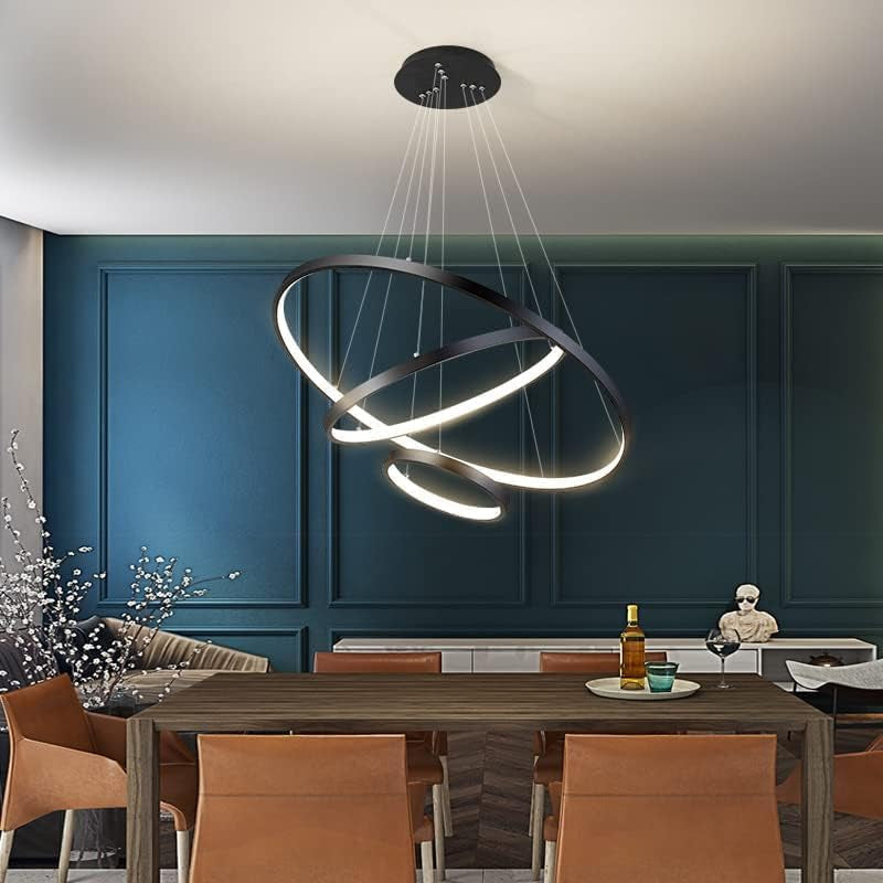 LED Lustre Salon Plafonnier Créatif Rond 3 Cercle Lustre, Dimmable Avec Télécommande 3000K-6500K, Acrylique Chambre Cuisine Bureau Décoration Lampes 76W (Noir)