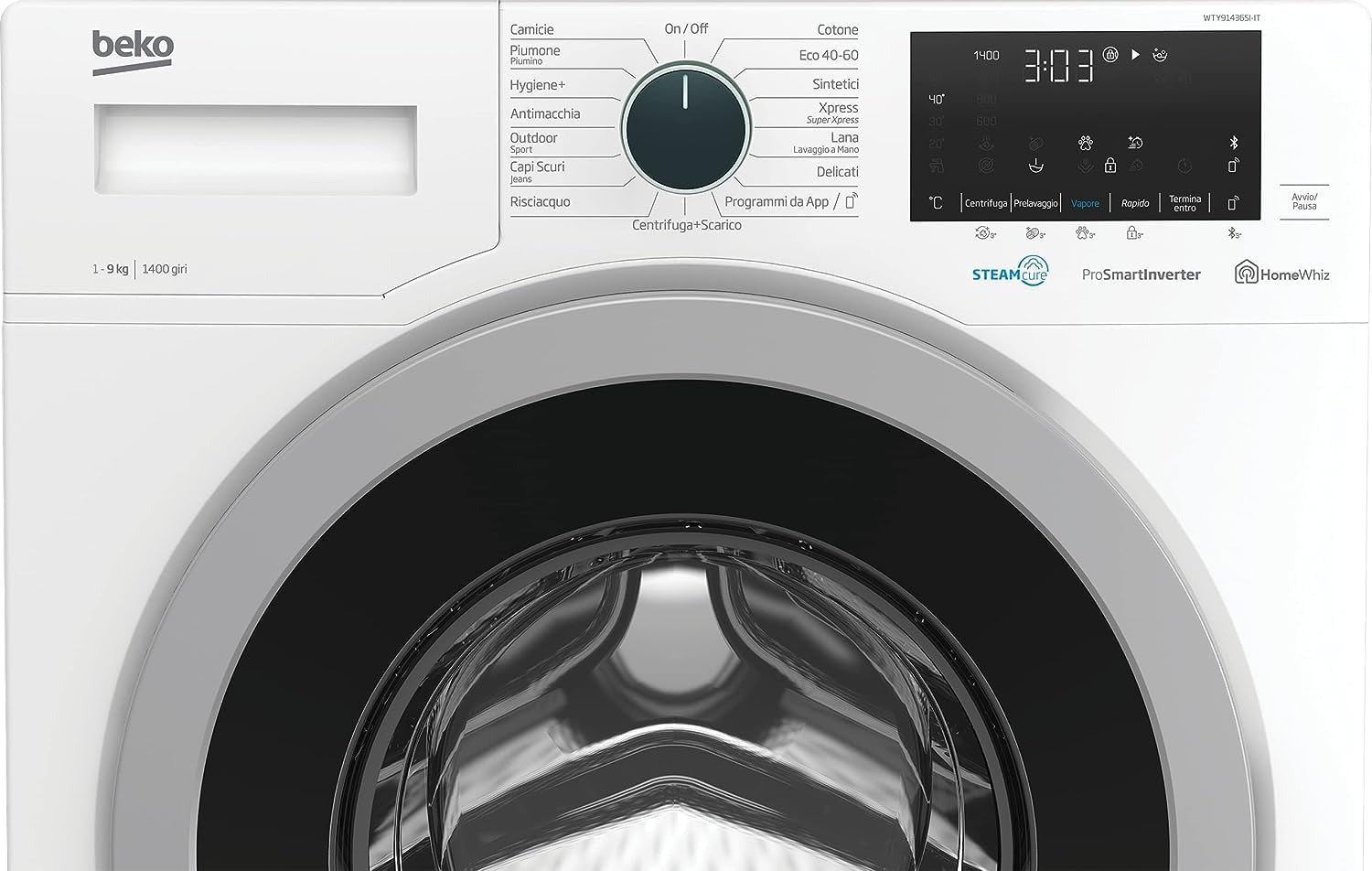 Beko MDA WTY91436SI-IT Machine À Laver Standard Avec Vapeur Désinfectant Steamcure - 9 Kg, 1400 Tr/Min, Moteur Prosmart Inverter, Classe B, Blanc