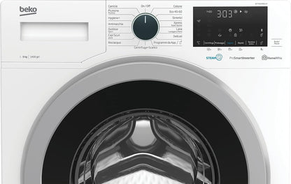 Beko MDA WTY91436SI-IT Machine À Laver Standard Avec Vapeur Désinfectant Steamcure - 9 Kg, 1400 Tr/Min, Moteur Prosmart Inverter, Classe B, Blanc