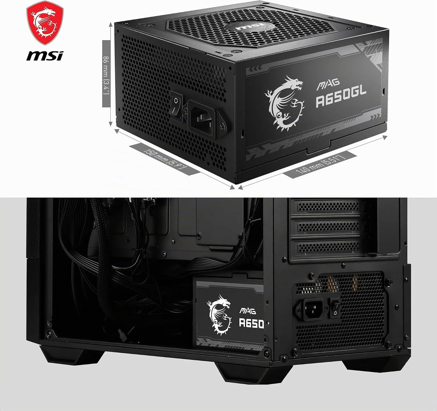 MSI MAG A650GL Alimentation Modulaire ATX, 80 plus Gold | 650W, Ventilateur FDB 120 Mm À Roulement Hydrodynamique, Full-Bridge LLC, Câbles Plats Noirs, Garantie 7 Ans