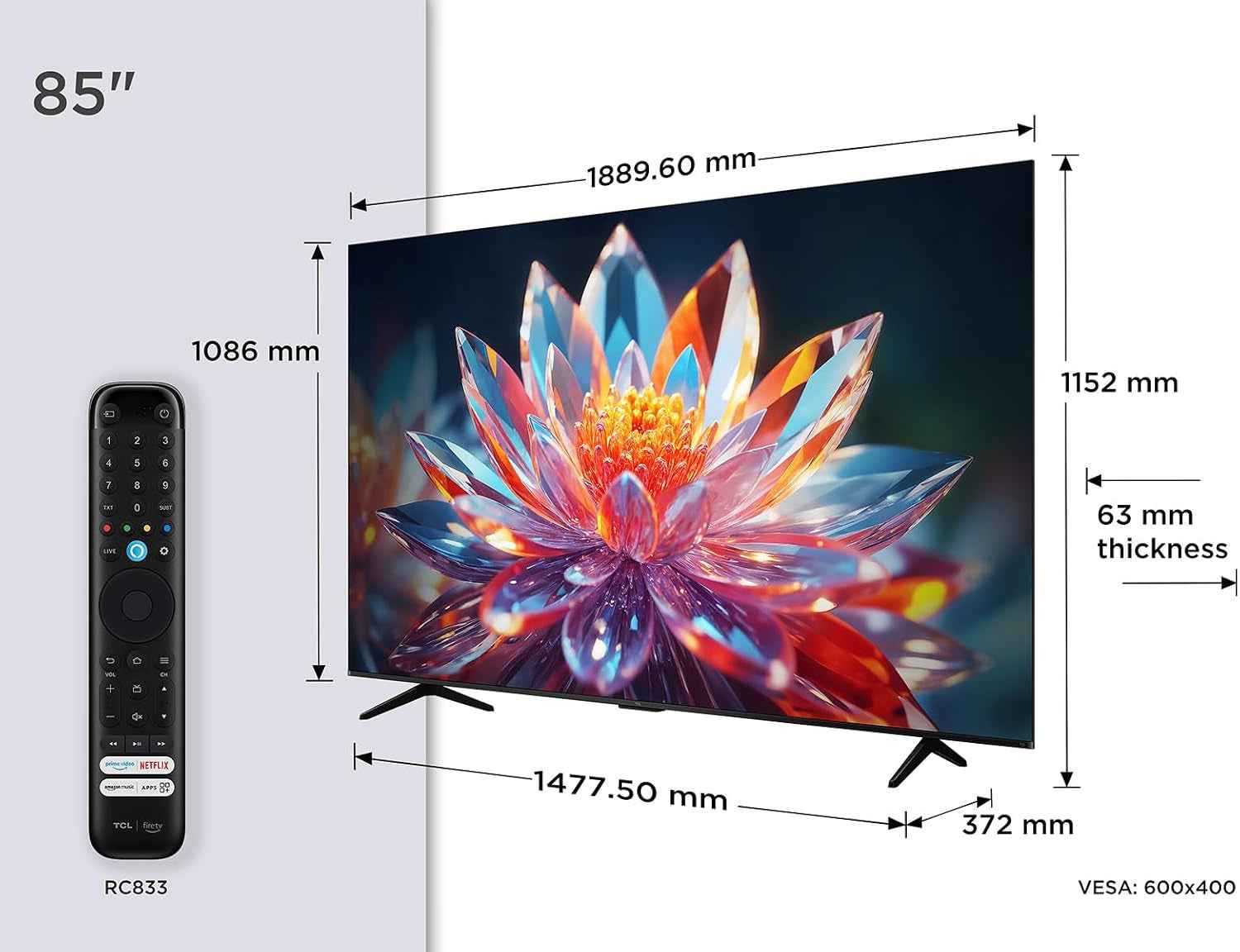 TCL 85T6C 85” QLED 4K HDR TV, Fire TV (Smart TV with Dolby Vision & Atmos, HDR10+, Press & Ask Alexa) | Game Maste, VRR, Dolby Vision, Motion Clarity, Onkyo 2.1 Sound, Press & Ask Alexa