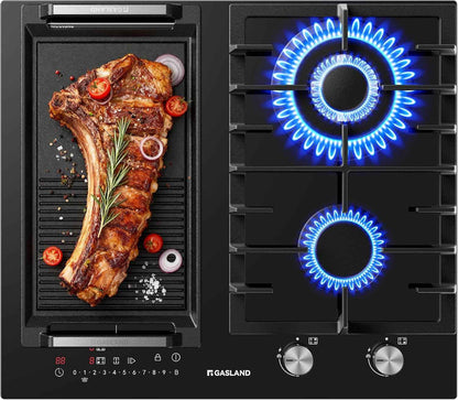 GIH604BF Plaque Mixte Gaz Et Induction 60 Cm, Gaz 5200 W Avec Brûleur Wok, Induction 3500 W Avec Fonction BBQ, Verre Noir Encastrable (Sans Poêle)
