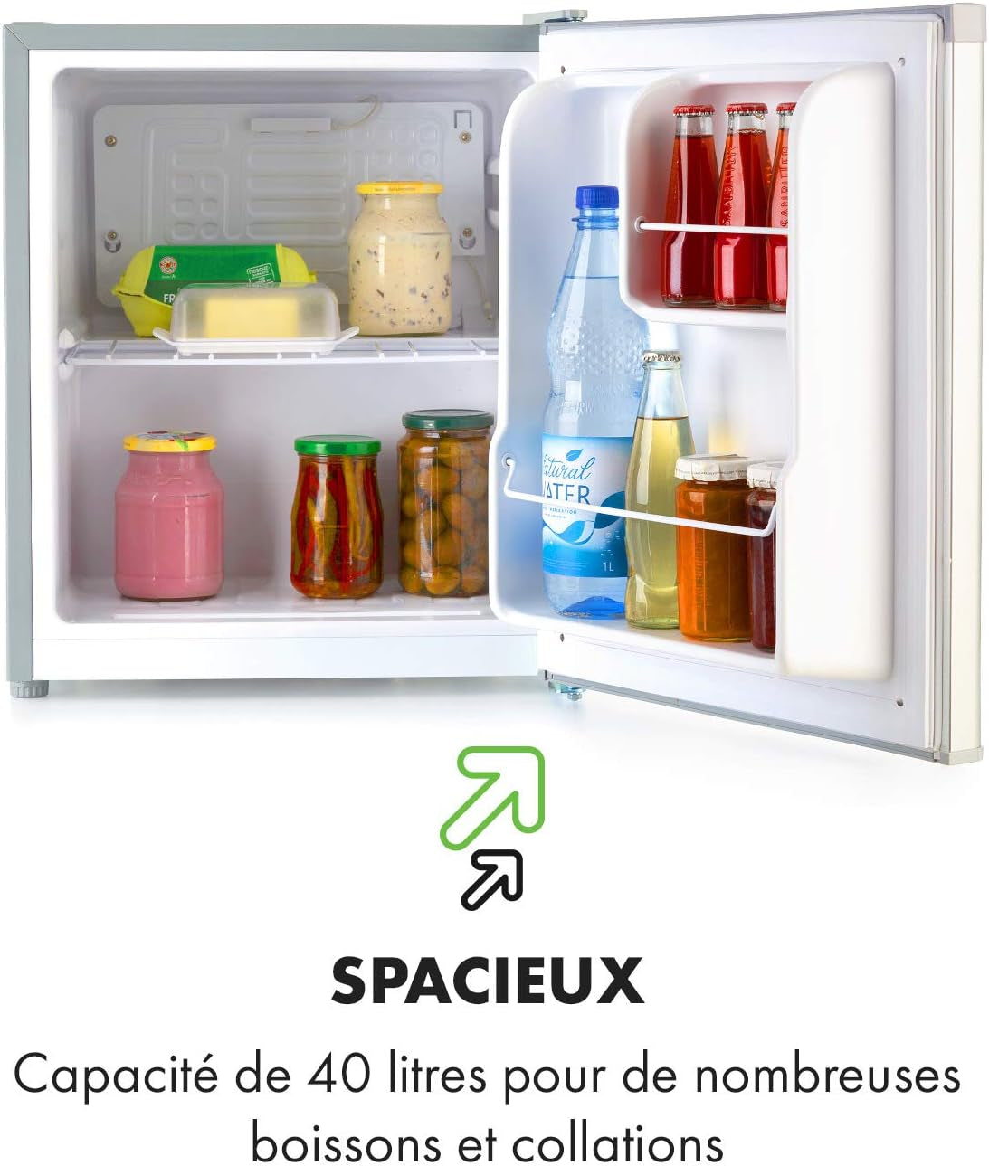 Scooby Mini Réfrigérateur - Système Ecoexcellence, CEE E, Capacité De 40L, Régulateur De Température, Étagère Amovible, Compartiment Bouteille Jusqu'À 2L, 41 Db, Argent