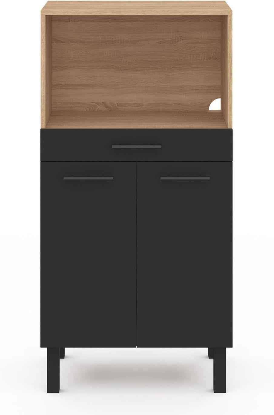 - Buffet Mi-Haut De Cuisine 60 Cm CINA Façon Hêtre Et Noir | Avec 1 Tiroir 2 Portes, Pour Micro-Onde