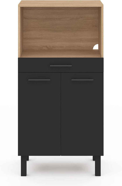- Buffet Mi-Haut De Cuisine 60 Cm CINA Façon Hêtre Et Noir | Avec 1 Tiroir 2 Portes, Pour Micro-Onde