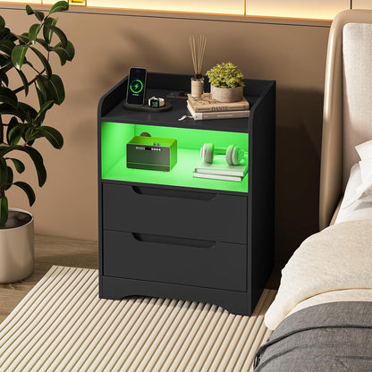 Table De Chevet Lot De 2 Avec Lumières LED Et Multiprise (2 Prises CA, 2 Ports USB) Table De Nuit Lot De 2 Avec 1 Compartiment Ouvert Et 2 Tiroirs Pour Salon, Chambre, Bureau, Moderne, Noir