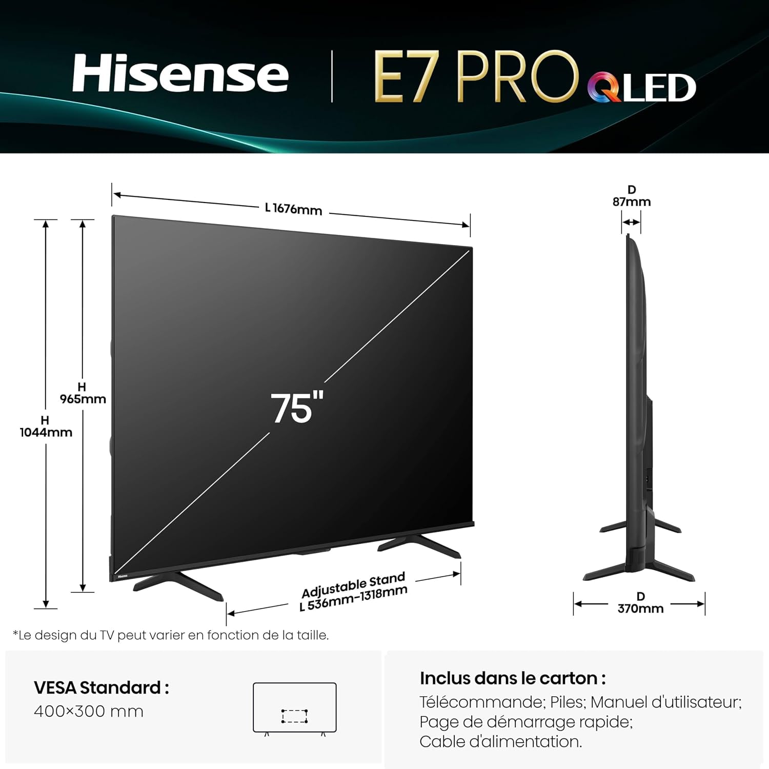Hisense 75E7Q Pro Smart TV QLED 75" (189 Cm) 4K UHD 144Hz | Dolby Vision IQ & Atmos | Mode Jeu Pro | AMD Freesync Premium