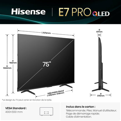 Hisense 75E7Q Pro Smart TV QLED 75" (189 Cm) 4K UHD 144Hz | Dolby Vision IQ & Atmos | Mode Jeu Pro | AMD Freesync Premium