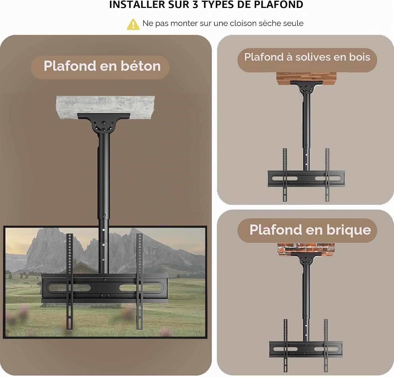 Support TV Plafond Pour Téléviseurs LCD LED Plats/Incurvé De 26 À 65 Pouces, VESA Jusqu'À 400×400Mm Charge 45 Kg, Inclinaison À 20° Et Rotation À 360°, Support Mural TV