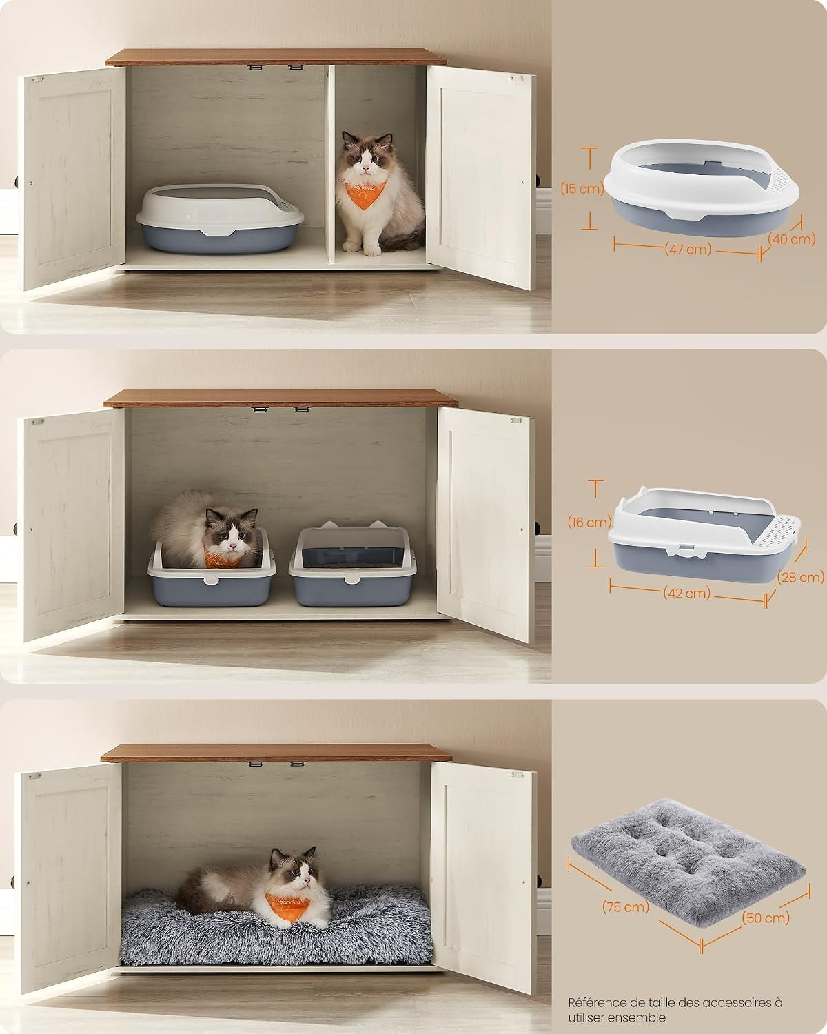 Maison De Toilettes Pour Chat, Niche, Meuble Litière Chat, Avec Séparateur Amovible, Cache-Litière, Table Basse, 80 X 53 X 50 Cm, Marron Miel Et Blanc Rustique PCL002P01V1