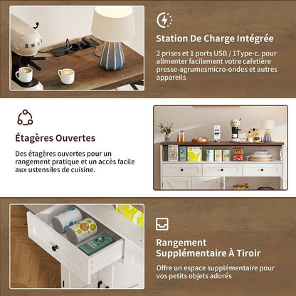 Meuble De Rangement, Buffet, Avec Placard 4 Portes, 3 Tiroirs, Enfilade Avec Étagère Ouverte, Pour Salle À Manger, Salon, Cuisine, Entrée, 130 X 35 X 95 Cm, Blanc