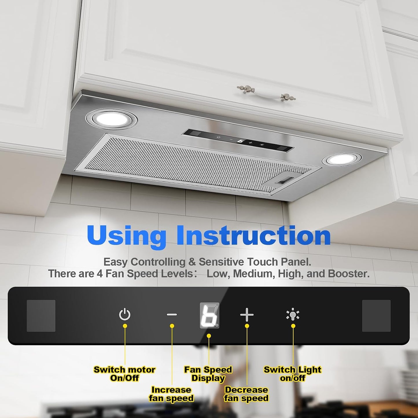 Hotte Aspirante 52Cm Encastrable, 400M³/H Hotte Cuisine, 3 Vitesses & Fonction Booster, Gestuelle, Tactile, Éclairage LED, Évacuation & Recyclage D'Air Avec Filtre À Charbon Et Conduit