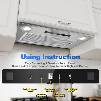 Hotte Aspirante 52Cm Encastrable, 400M³/H Hotte Cuisine, 3 Vitesses & Fonction Booster, Gestuelle, Tactile, Éclairage LED, Évacuation & Recyclage D'Air Avec Filtre À Charbon Et Conduit