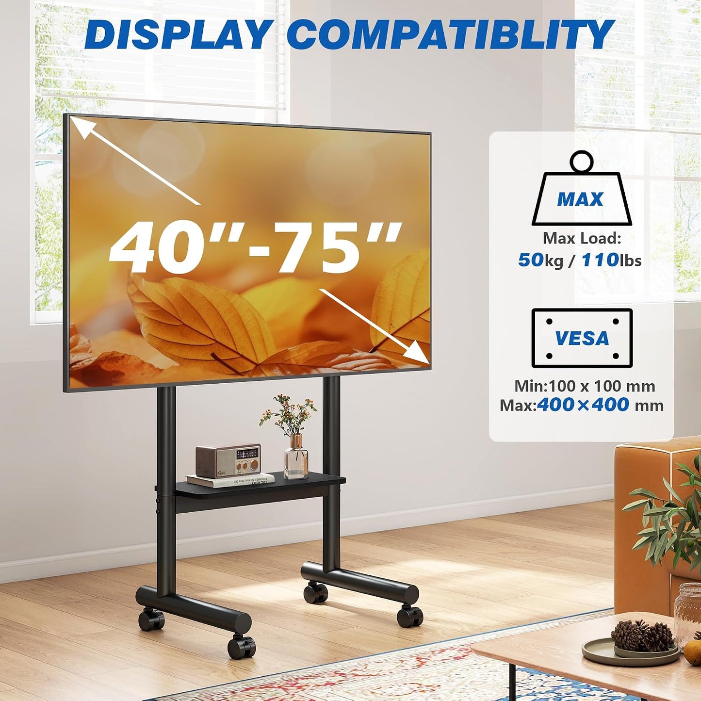 Support TV Roulettes Support TV Sur Pied Avec Roulettes Pour Téléviseurs 32 À 70 Pouces LCD/LED/OLED, Support Tele Mobile Universel Réglable En Hauteur Jusqu'À 50 Kg, Max. VESA 400X400 Mm