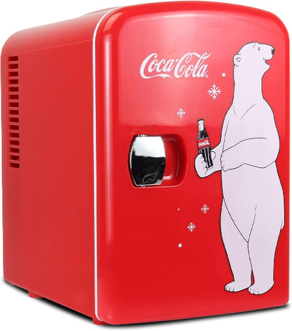 Coca Cola Mini Fridge Polar Bear 4 Liter/6 Can Portable Fridge/Mini Cooler for Food, Beverages, Skincare -Use at Home, Office, Dorm, Car, Boat-Ac & DC Plugs Included, Red [Energy Class A]