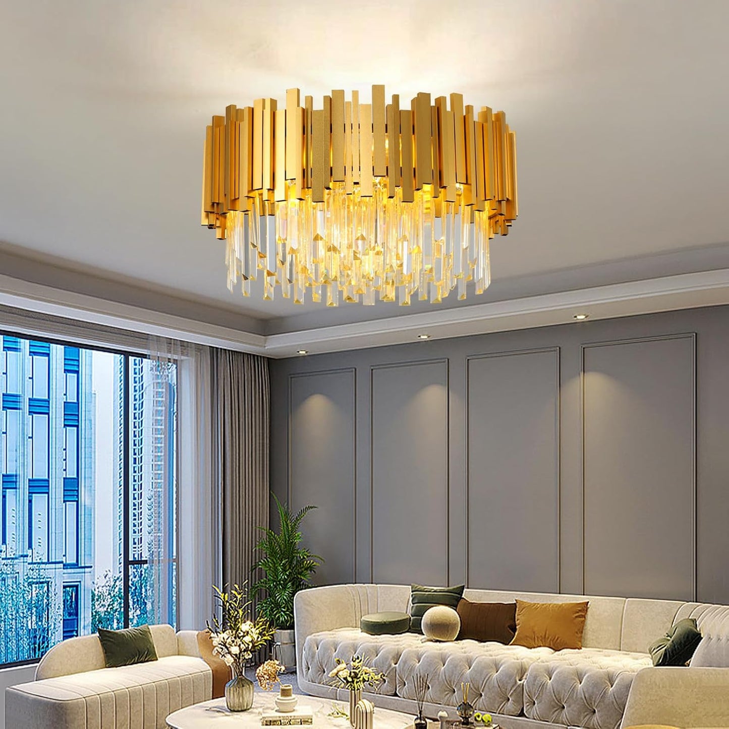 Lustre En Cristal Moderne,2 En 1 Chandelier En Cristal Moderne Pendentif En Or,9Xe14 Lampe À Pendentif En Cristal Rond Pour Salle À Manger, Cuisine, Salon, Chambre, Couloir(55 * 55 Cm,Or)