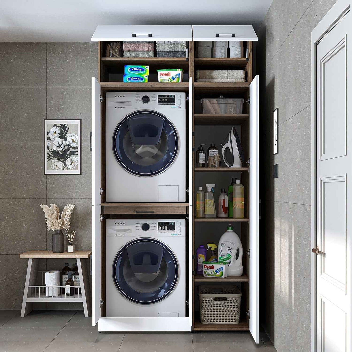 Dora - Armoire De Machine À Laver - Pour Sèche-Linge Et Machine À Laver - En 4 Couleurs - Avec Portes Et Panneau Coulissant - Blanc - Chêne