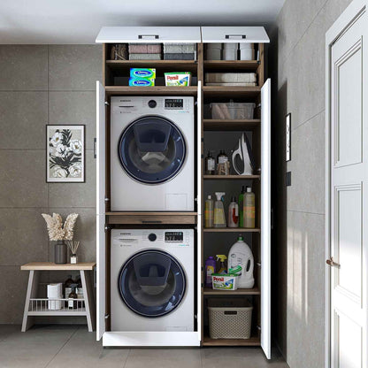 Dora - Armoire De Machine À Laver - Pour Sèche-Linge Et Machine À Laver - En 4 Couleurs - Avec Portes Et Panneau Coulissant - Blanc - Chêne