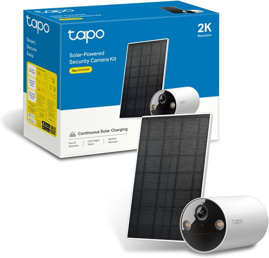 2K Camera Exterieur Sans Fil Solaire Detection Personne IA,C410 KIT | Alimentation Électrique Continue,Vision Nocturne Couleur, Stockage Flexible Microsd 512Go/Cloud,Ip65,Aucun Hub Requis