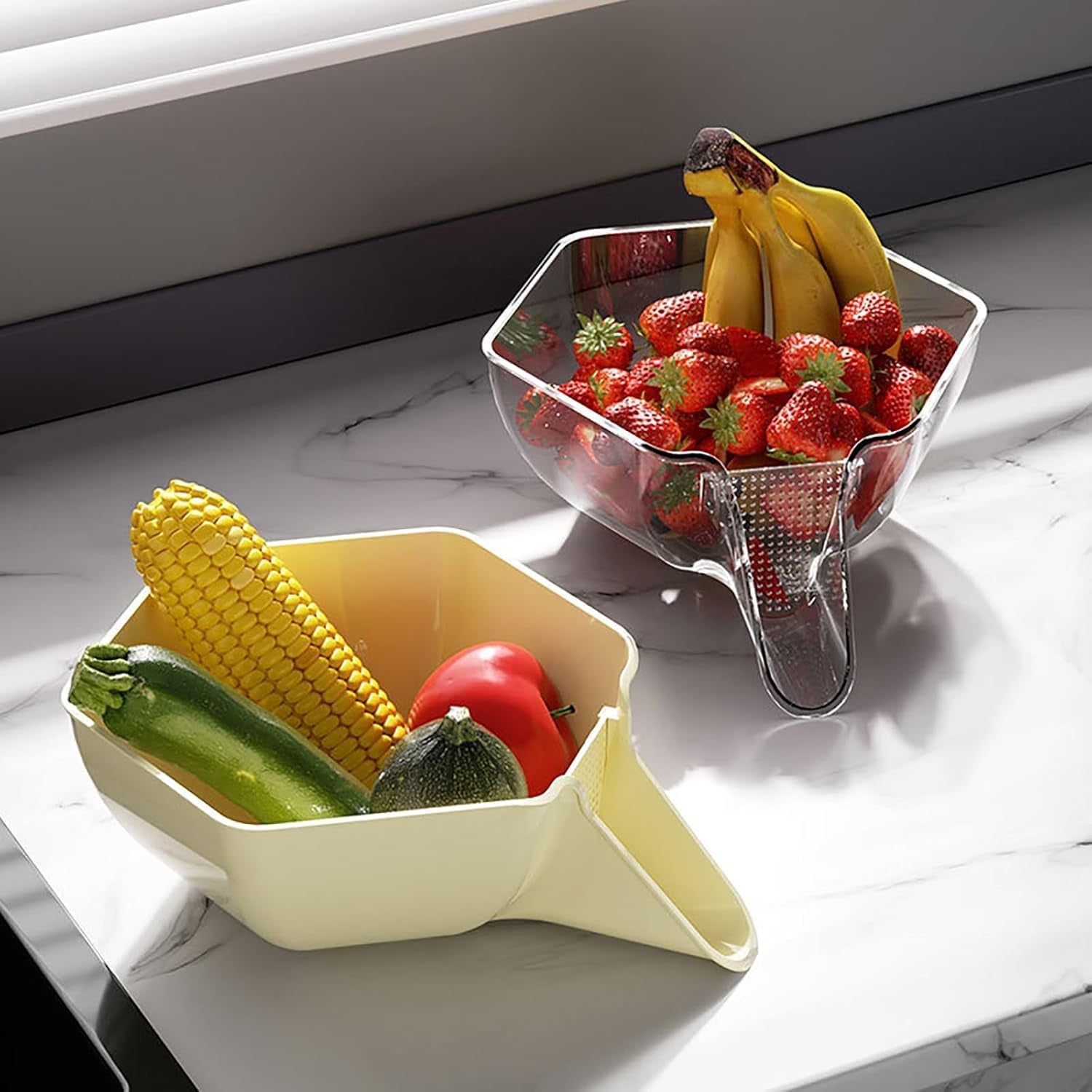 Panier De Vidange Multifonction, Passoires Avec Bec, Bol De Nettoyage De Fruits Avec Récipient Filtrant, Égouttoir Pour Aliments, Fruits (Jaune + Transparent, 2 Pièce)