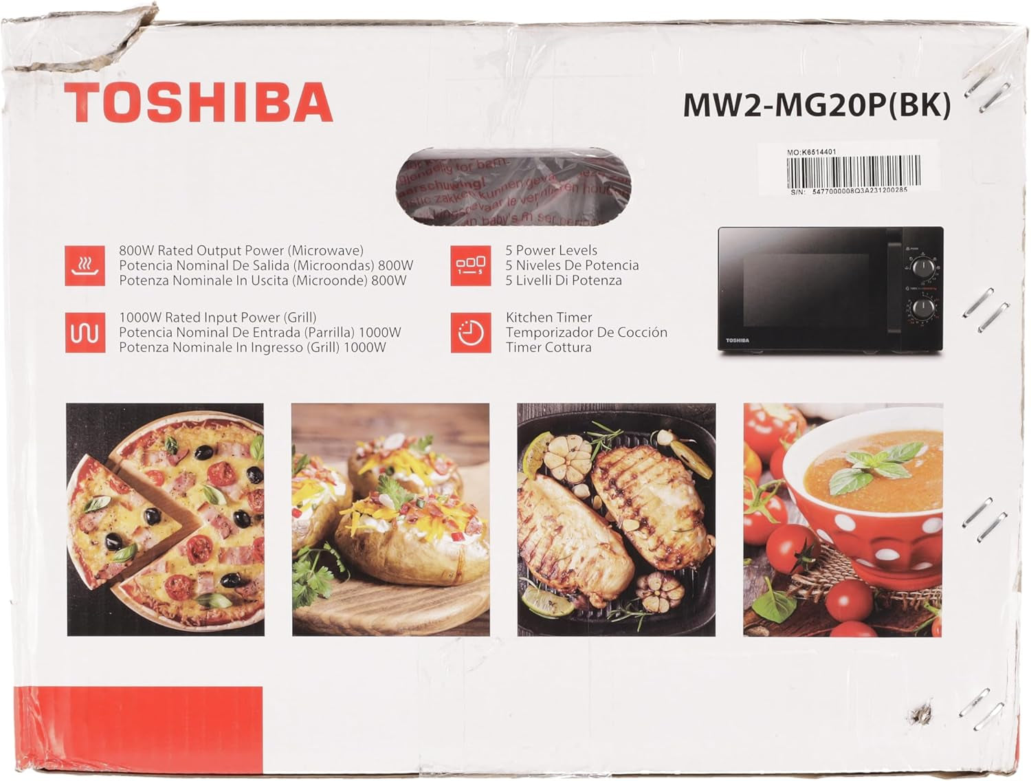 MW2-MG20P(BK) 3-En-1 Four Micro-Ondes Grill Combiné, 20 L, 5 Niveaux De Puissance Réglables, Minuteur, 800 W, Grill 1000 W, Noir