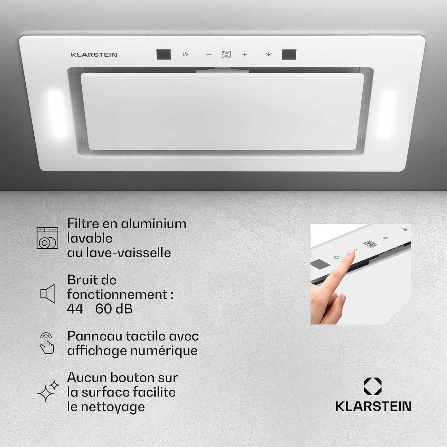 Klarstein Hotte Aspirante Encastrable 72 Cm, Hotte Aspirante Silencieuse, De Cuisine Avec Lampes LED, Débit D'Air Puissant 466 M³/H, Minuterie, Commandes Tactiles, Avec Évacuation
