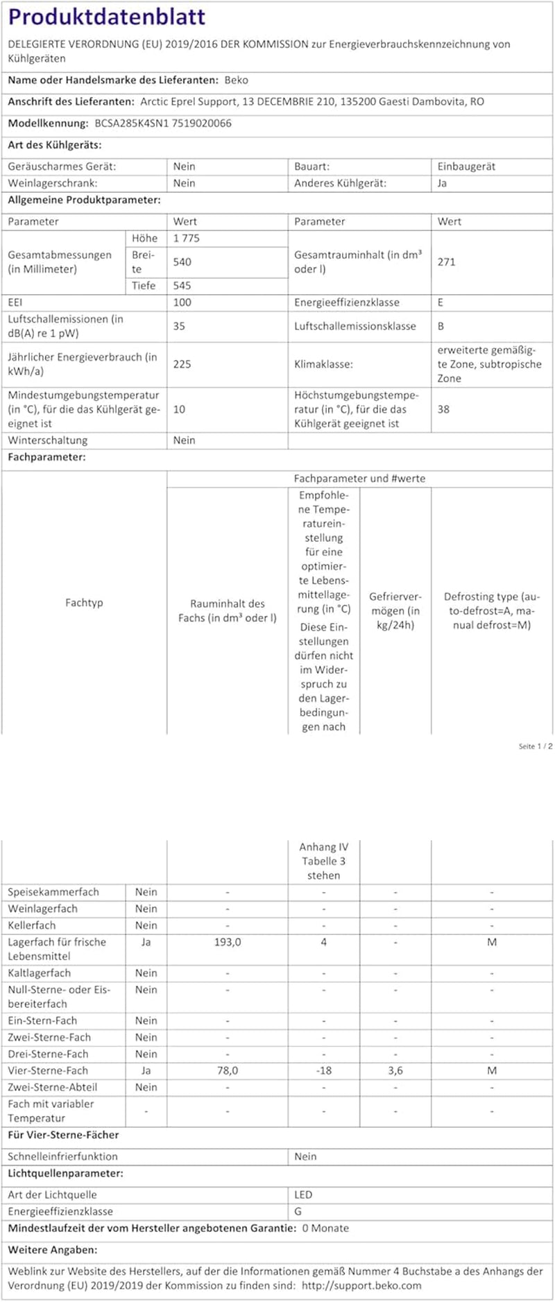 Beko BCSA285K4SN Réfrigérateur Combiné - Encastrable, Volume Total 271L : 193L (Réfrigération) + 78L (Congélation), Minfrost, Compresseur Prosmart Inverter, Zone 0°C, 35 Db, Classe E