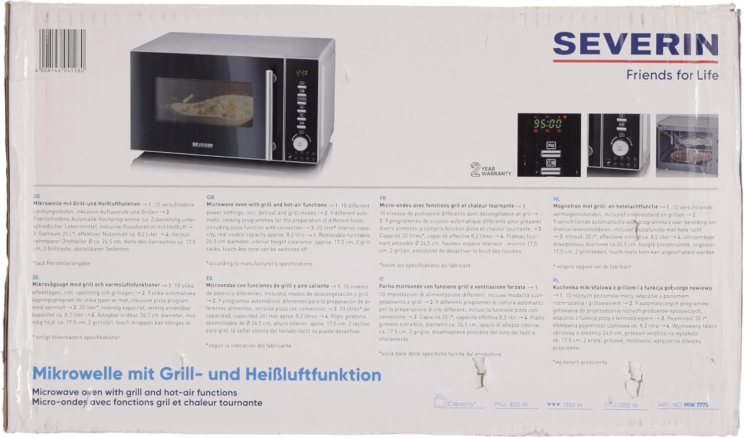 Four À Micro-Ondes 20 L, 1 350 W, Avec Fonction Gril Et Chaleur Tournante, Avec 10 Niveaux De Puissance, Minuteur 95 Min, Plateau Tournant, Noir/Inox, MW 7773