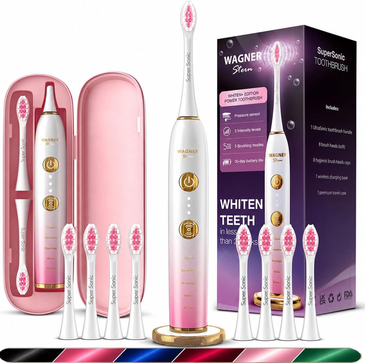 WHITEN+ – Brosse À Dents Électrique Avec Capteur De Pression, 5 Modes, 3 Intensités, 8 Têtes Souples, Moteur Puissant, Étui De Voyage Luxe Inclus (Pivoine)
