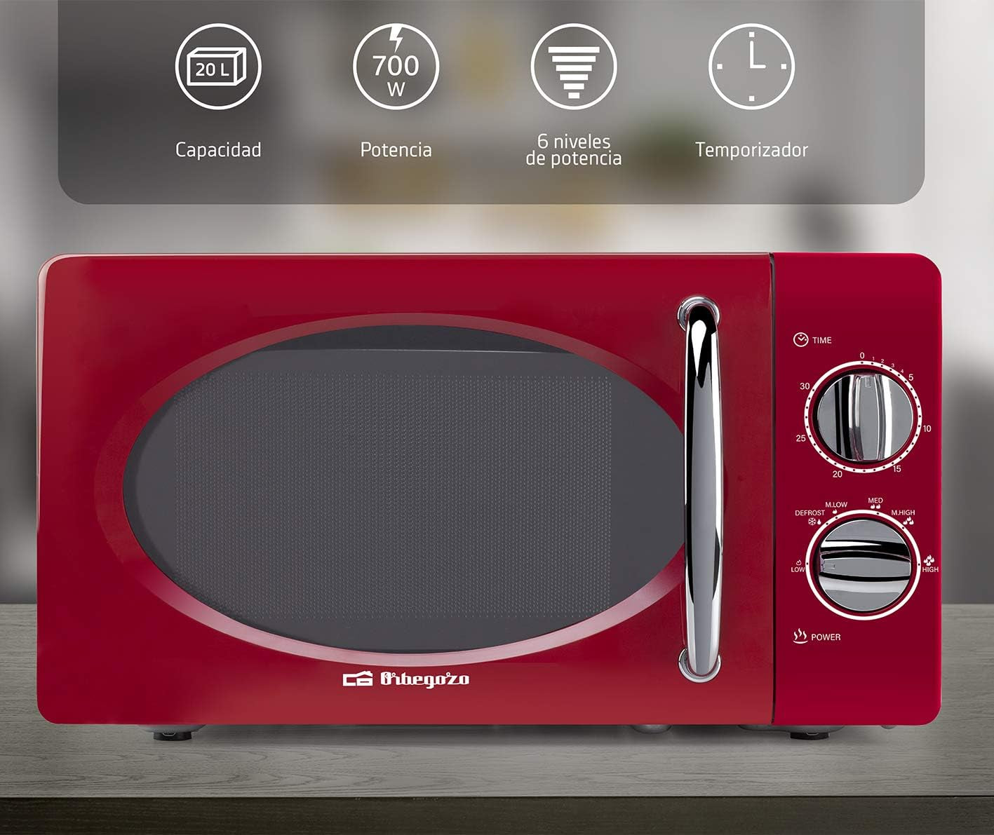 MI2020 Four À Micro-Ondes, 20 L De Capacité, 6 Niveaux De Fonctionnement, Minuterie Jusqu’À 30 Min, Modèle Vintage, 700 W, Acier, Rouge