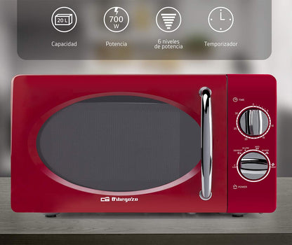 MI2020 Four À Micro-Ondes, 20 L De Capacité, 6 Niveaux De Fonctionnement, Minuterie Jusqu’À 30 Min, Modèle Vintage, 700 W, Acier, Rouge