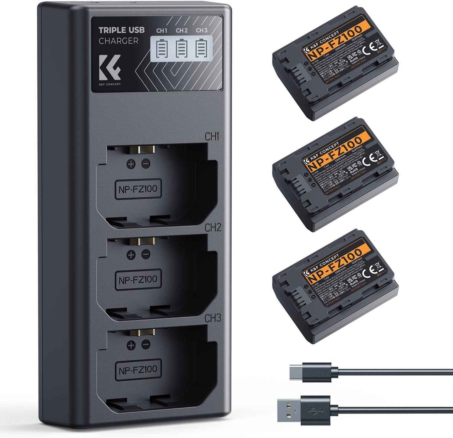 NP-FZ100 Batterie Et Chargeur À Trois Slot 3X 2280Mah Batterie | Batterie Pour Sony A6700, A7Iii, ZV-E1, A7Iv, A7C, FX3, FX30, A9, A6600, Zv-E10Ii, Alpha 9, A9S, A7R III, A7R IV, A7RV