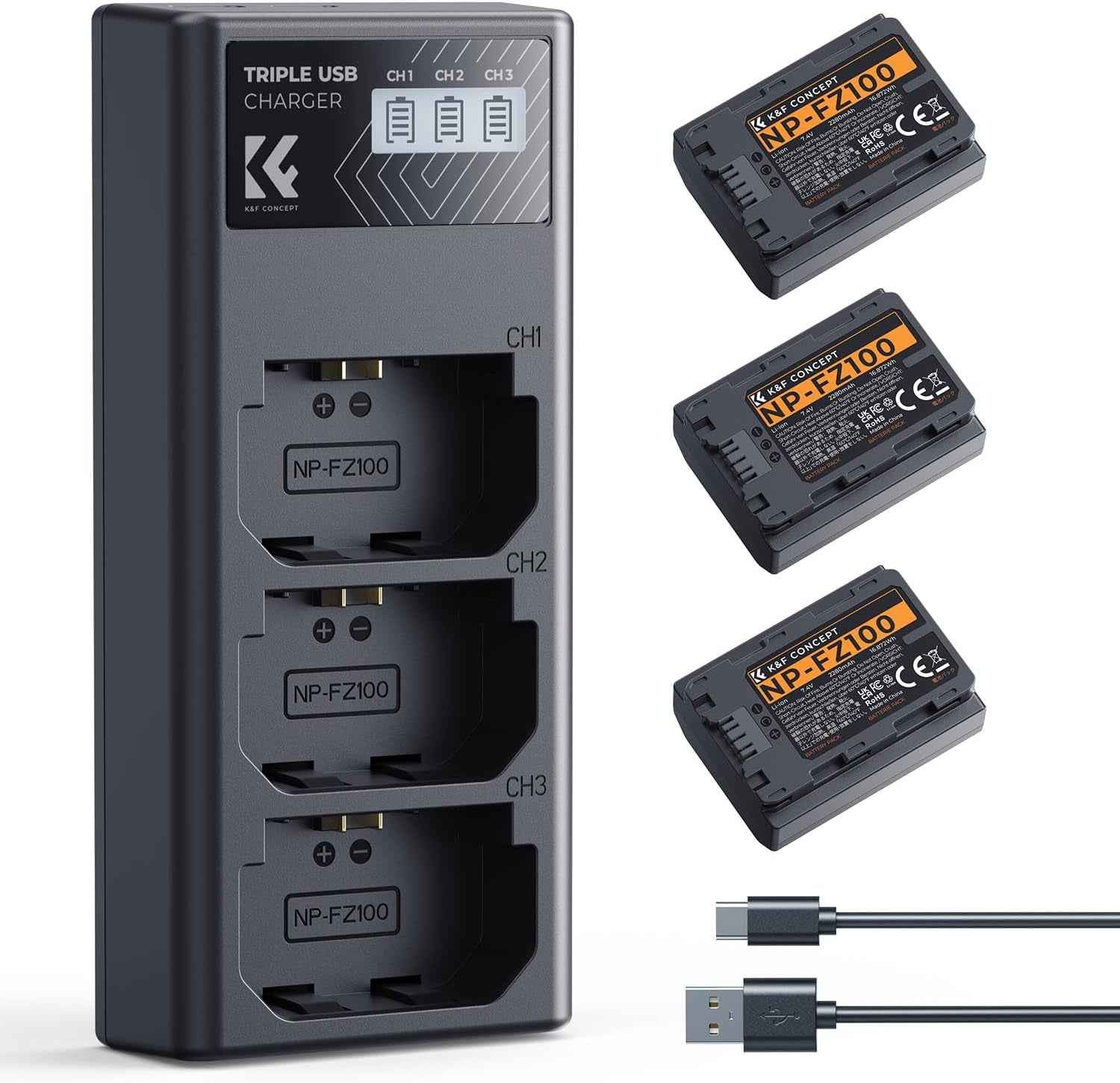 NP-FZ100 Batterie Et Chargeur À Trois Slot 3X 2280Mah Batterie | Batterie Pour Sony A6700, A7Iii, ZV-E1, A7Iv, A7C, FX3, FX30, A9, A6600, Zv-E10Ii, Alpha 9, A9S, A7R III, A7R IV, A7RV