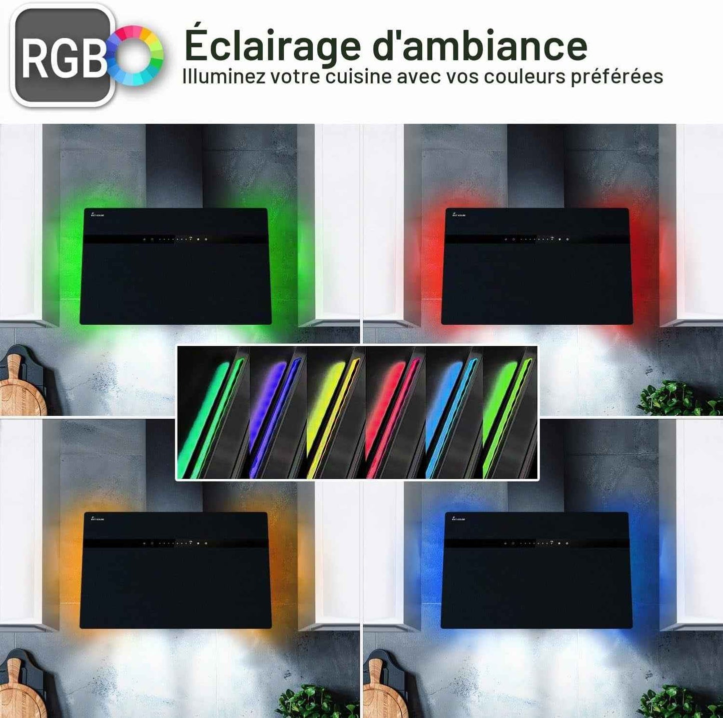 Hotte Aspirante Cuisine 80 Cm | Inclinées | Acier Inoxydable | Verre Noir | Wifi | Arrête Automatiquement | Éclairage LED RVB | Opération Tactile | STYLE8005SMAO